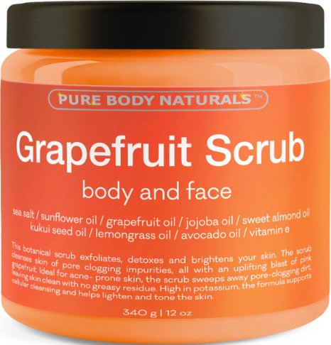 Grapefruit Scrub for Face and Body - Facial Scrub Exfoliator Cleans Acne-Prone Pores and Brightens Complexion - Body Exfoliator Detoxes and Protects Skin - With Grapefruit Oil, Sea Salt, and Vitamin E (1 Pack)