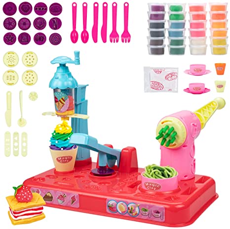 UNIH Playdough Sets for Toddlers with Tools, 3 in 1 Ice Cream Maker, Noodle Machine and Biscuit Molds for Kids Boys Girls(64 Pcs)