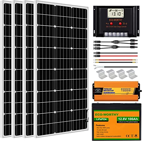 ECO-WORTHY 1.6KWH Solar Panel Kit 400W 12Volt System for RV Off Grid with Battery and Inverter: 400W Solar Panels   60A Charge Controller   12V 100Ah Lithium Battery   1000W Solar Inverter