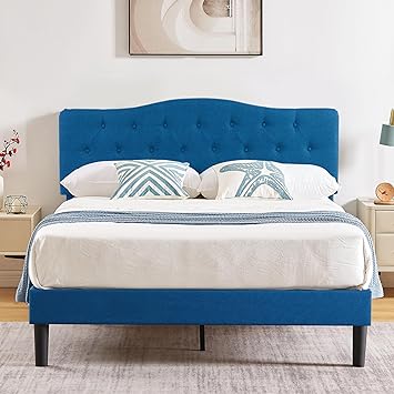 VECELO Full Size Bed Frame Upholstered Platform with Tufted Adjustable Headboard/Mattress Foundation with Wood Slat Support, Easy Assembly,Blue