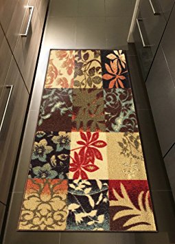 Custom Size Brown Floral Panel Boxes Rubber Backed Non-Slip Hallway Stair Runner Rug Carpet 31 inch Wide Choose Your Length 31in X 5ft