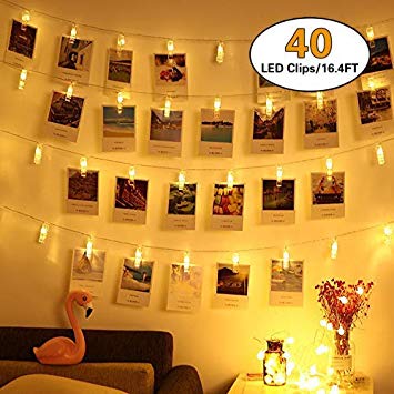 Mumu Sugar Waterproof 40 LED Photo Clips String Lights,8 Lighting Modes,String Lights for Indoor/Outdoor Decorate,Fairy Lights for Hanging Pictures,Cards and Artwork(16.4 Ft,Warm White)