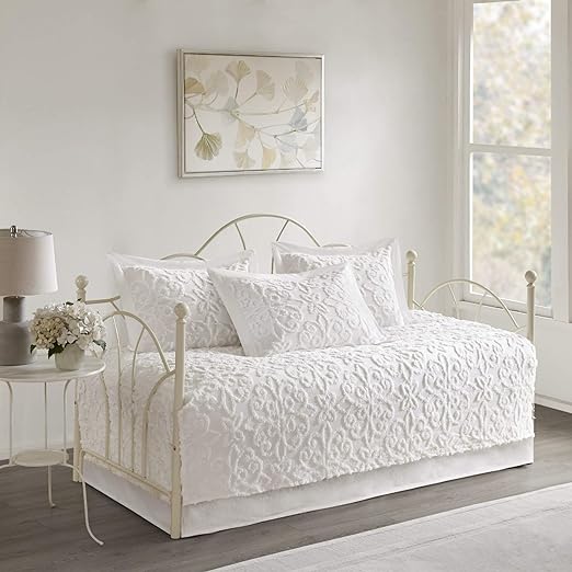 MISC Bright White Chenille Daybed Set Medallion Pattern Bedding Textured Soft Cotton Fabric Shabby Chic, 5 Piece