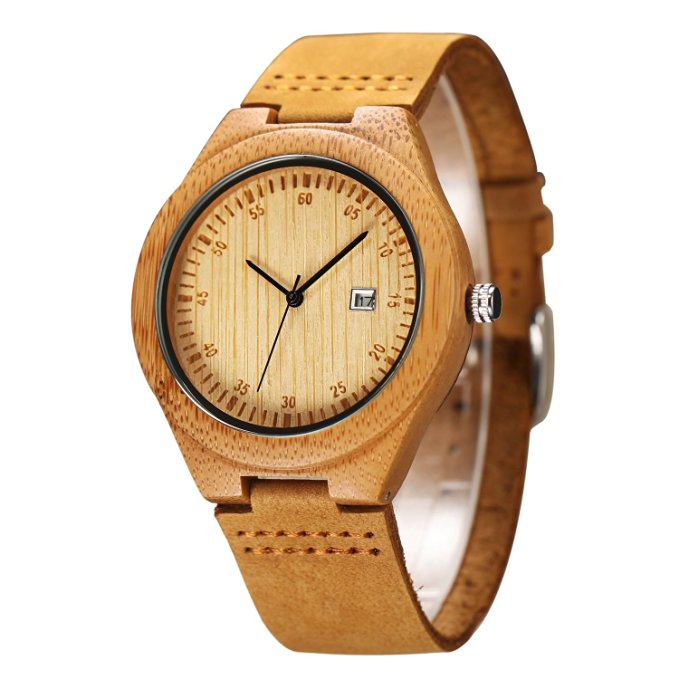 CUCOL Wooden Watches For Men Casual Watch Brown Cowhide Leather Strap With Box Father's Day Gift