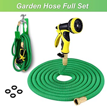 PLUSINNO Expandable Garden Water Hose FULL SET, Heavy Duty Expanding Hose Pipe with Shut Off Valve Solid Brass Connector, Hose Hanger and 9-pattern Spray Nozzle (25 Feet, Green)