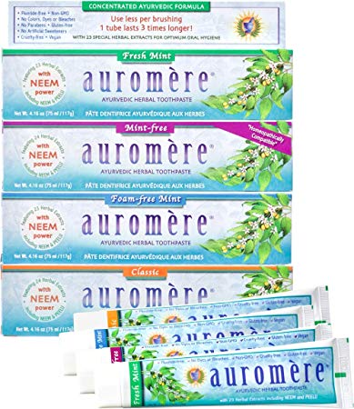 Auromere Ayurvedic Herbal Toothpaste, Variety - Vegan, Natural, Non GMO, Flouride Free, Gluten Free, with Neem & Peelu (4.16 oz), 4 Pack