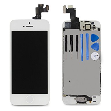 Ayake LCD Screen for iPhone 5s White Full Display Assembly Digitizer Touchscreen Replacement with Front Facing Camera, Speaker and Home Button Pre-Assembled (All Required Tools Included)