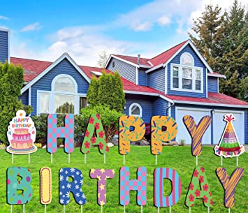 LUCKKYY Happy Birthday Yard Signs with Stakes —Birthday Yard Signs with Birthday Balloon 15” Large Colorful and Weatherproof – 15 Lawn Sign Letters and Stars – Outdoor Party Décor