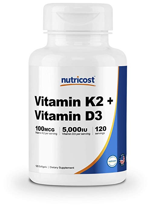 Nutricost Vitamin K2 (100mcg)   Vitamin D3 (5000 IU) 120 Softgels - Gluten Free and Non-GMO