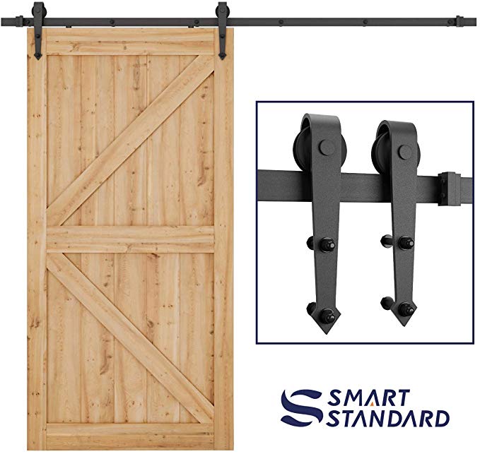 SMARTSTANDARD 8FT Heavy Duty Sliding Barn Door Hardware Kit, Single Rail, Black, Smoothly and Quietly, Simple and Easy to Install, Fit 48" Wide DoorPanel (Arrow Shape Hanger)