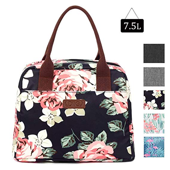 DIIG Black Floral Lunch Bags for Women, Large Insulated Lunch box, Freezable Womens Lunch Tote for Work, Adult Reusable Cooler Bag, Foldable Packit Bag for Lunch(Floral/Black)