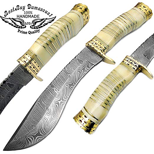 Camel Bone 13" Fixed Blade Custom Handmade Damascus Steel Kukri Hunting Knife Double Brass Bolster Spacers Unique Beautiful File Work On Handel Come with Leather Sheath 100% Prime Quality