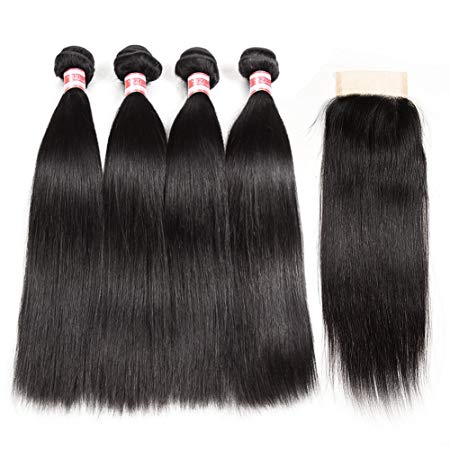 Hermosa Brazilian Straight Hair 4 Bundles with Closure 7A Unprocessed Virgin Brazilian Hair with Closure Human Hair Natural Black (16 18 20 22 with 14 closure)