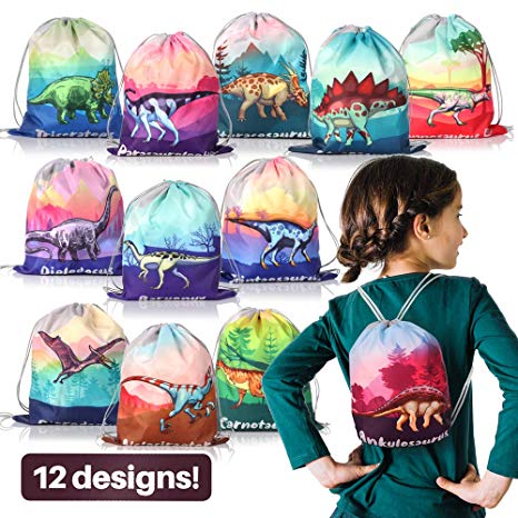 12 Pack Dinosaur Party Supplies Favor Drawstring Bags for Kids’ Birthday, Boys and Girls Dino Backpack Bag as Loot and Goodie bags for Gifts, Candy and Snacks, School, Travel, or Toy Storage Bag