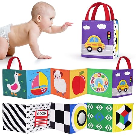 Vicloon High Contrast Toys, Black White High Contrast Baby Soft Cloth Book Tummy Time Toys 0-6 Months, Baby Cloth Activity Crinkle Folding Educational Activity Cloth Book Suitable for Boys Girls