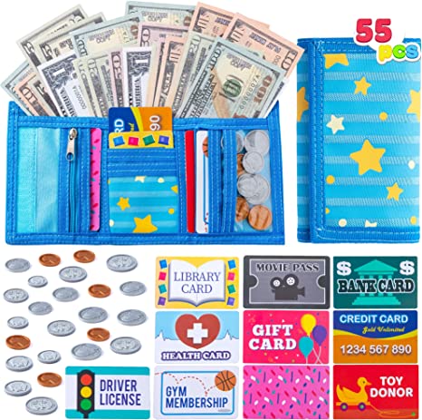 JOYIN 55pcs Kids Pretend Money, Play Credit Cards Set, Toddler Wallet, Fake Coins for Cash Register Play, Math Learning Toy, Dress Up Party Favors, Birthday Gift, Boys Girls Easter Egg Basket Stuffers