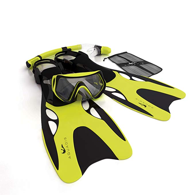 Aquadis Snorkel Set with Diving Mask, Dry Top Snorkel and Open Foot Pocket Luxury Fins for Men and Women- Best Snorkel Kit for Spearfishing and Scuba-Comes with a Travel Dive Gear Bag