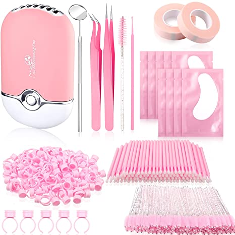 316 Pieces Eyelash Extension Supplies, Extension Tweezers USB Air Conditioning Blower Lash Mirror Eyelash Mascara Micro Applicators Brushes Rings Cups Eye Mask Pads Eyelash Tapes (Pink)