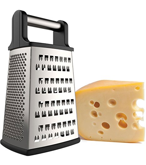 iCooker Cheese Grater [Stainless Steel] 4 Sided Box Grater - Premium Quality Zester for Vegetables, Fruits, Ginger, Chocolate & Nuts - Best Slicer With Sharp Blades [Black Handle]