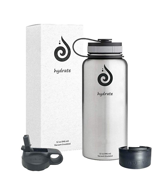 Hydrate 32 oz Stainless Steel Water Bottle. Comes with Additional Straw lid and flip lid. BPA Free & Leak Proof.