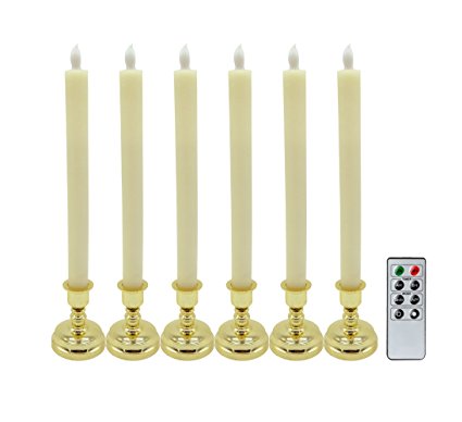 Eldnacele Set of 6 Flameless Flickering Candles LED Window Taper Candles with Gold Holders, with Timer and Remote Control for Home and Wedding Decoration