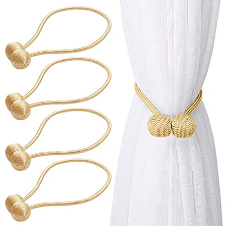 4 Pack Curtain Tiebacks Magnetic, Decorative Drapes Tie Backs Weave Holdbacks Holders for Big, Wide or Thick Window Drapries, 17 Inch (Gold)