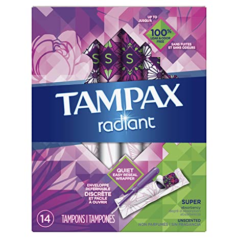 Tampax Radiant Plastic Tampons, Super Absorbency, Unscented, 14 Count (Packaging May Vary)