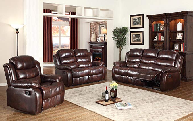 GTU Furniture Motion Sofa Loveseat Recliner Living Room Bonded Leather Set (Sofa, Loveseat and Chair, Brown)