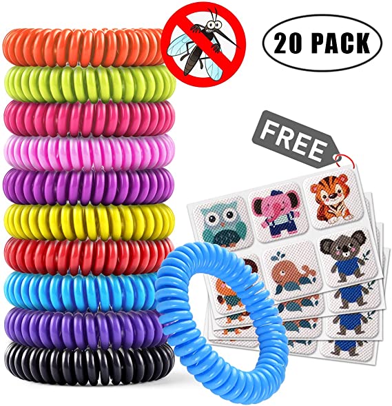 Mosquito Bracelet 20 Pack with 4 Patches, Waterproof Bug Repellent Wrist Bands, Fit for Kids & Adults, Natural Ingredients and Deet-Free,pest Control, Safe Indoor Outdoor Protection