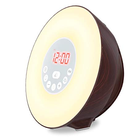 COULAX Wake Up Light, Sunrise Alarm Clock with 6 Natural Sounds & FM Radio & Snooze Function, Sunset Fading Night Light with 7 Colors, Wood Grain, Touch Control, Bedside Lamp for Adults and Kids (wake up light)