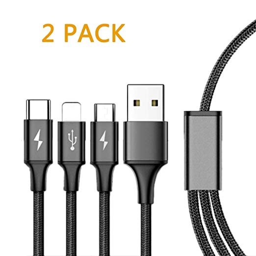 USB Cable, Nylon Braided(4.0ft) Type C/Micro/Lightning 3 in 1 Charger Cable for Samsung Galaxy S9/iPhone X/iPad/Google/Nexus/LG/Huawei Mate9 (Black05)