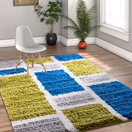 Shaggy Cubes Blue & Green Plush Shag Modern Geometric Blocks & Squares 5x7 ( 5' x 7'2'' ) Area Rug Easy Plush Shag Easy Care Thick Soft Plush Living Room