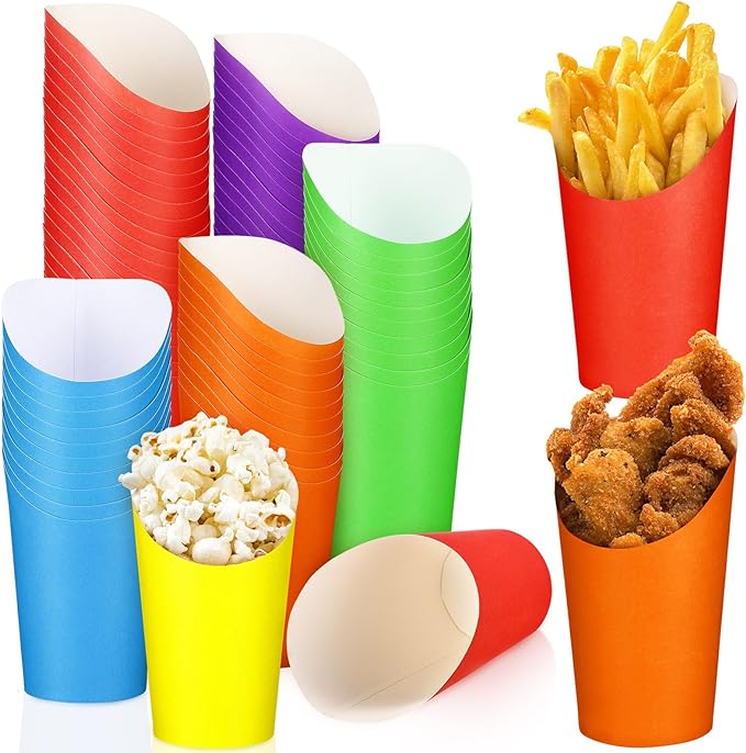 Skylety 60 Pcs French Fry Holders Paper Charcuterie Cups Disposable Assorted Color Appetizer Cup Take out Boxes Popcorn Cones Paper Container for Wedding Party Baking Cake Waffle Food (16 oz)