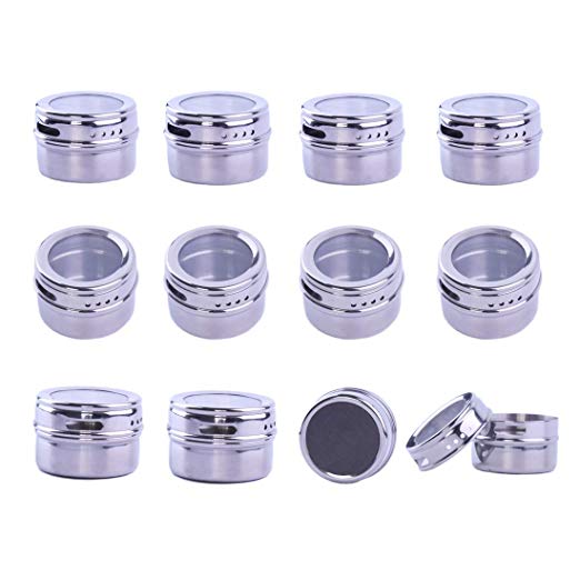 Stainless Steel Spice Jars Storage Containers Set with Clear Top Lid - 12pcs Magnetic Spice Tins by Abimars - Stick on Refrigerator and Grill