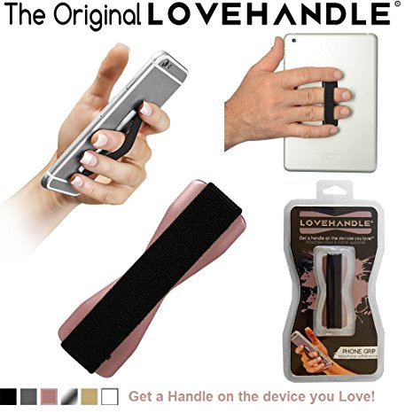Cell Phone Grip LoveHandle Holds Device with just a Finger - Love Handle Grip Ultra Slim Pocket Friendly For iPhone Mini Tablet - Securely Grip For Texting, Photos and Selfies (Metallic Rose)