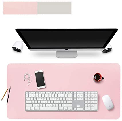 Lurowo Multifunctional Leather Computer Mouse Pad Office Writing Desk Mat Extended Gaming Mouse Pad, Non-Slip Waterproof Dual-Side Use Desk Protector, 23.6'' X 11.8''(Pink,Silver)