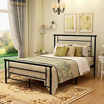 Metal Platform Bed Frame with Headboard and Footboard Mattress Foundation Box Spring Replacement for Kids Adult (Full_N, Black)