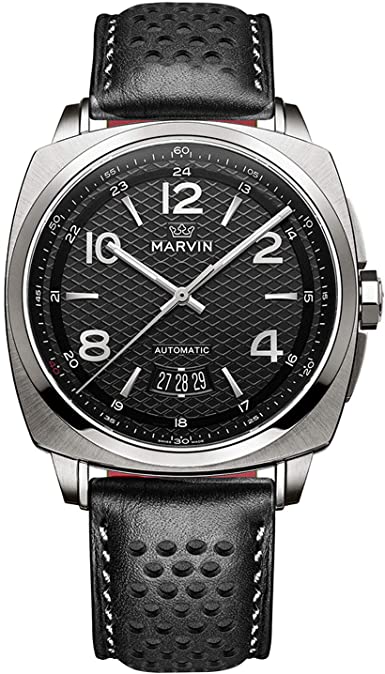Marvin Swiss Automatic Movement Mens Casual Watches with Black Dial and Leather Strap Waterproof
