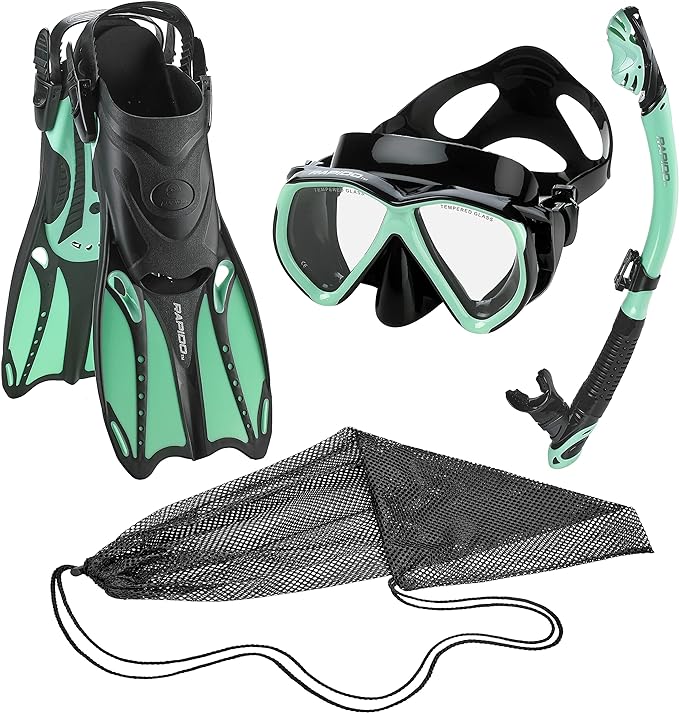 Phantom Aquatics Rapido Adult Mask Fin Snorkel Set, Panoramic View Snorkel Mask   Snorkeling Gear Travel Bag, Mint, ML/XL, us: 9/11 - EU: 42/45
