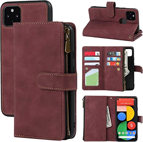 Sailor Tech Magnetic Detachable 2 in 1 Wallet Phone Case Design for Google Pixel 5 with 6 Card Holder 1 Zipper Coin Wallet 1 Cash Slot Wrist Strap Kickstand for Women Men Wine Red