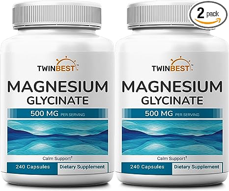 TwinBest Magnesium Glycinate 500mg, 2 Pack, 480 Capsules – 100% Pure Magnesium Powder Source – Chelated, Easily Absorbed – Mineral Support for Muscles, Heart, & Mood – Non-GMO…