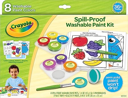 Crayola Spill Proof Paint Set (8ct), Washable Toddler Paint Kit, with Activity Pages, Kids Paint Brushes, Paint Pots, Ages 3