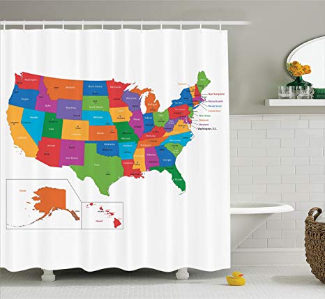 Ambesonne Wanderlust Shower Curtain, Colorful USA Map with States and Capital Cities Washington Florida Indiana Print, Fabric Bathroom Decor Set with Hooks, 84 Inches Extra Long, Multicolor