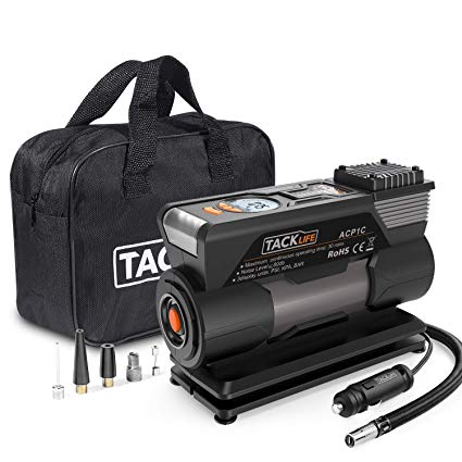 TACKLIFE ACP1C Portable Tyre Inflator, DC 12V 150PSI Air Compressor Pump, Digital Tire Inflator with Gauge, LED Flashlight, 4 Nozzle Adaptors and Extra Fuse