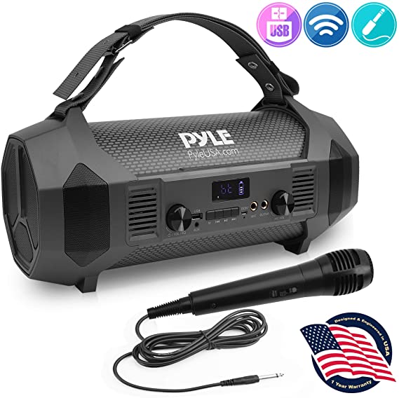 Wireless Portable Bluetooth Boombox Speaker - 600W Rechargeable Boom Box Speaker Portable Barrel Loud Stereo System with AUX Input, USB, 1/4" Mic in, Fm Radio, Dual 4" Subwoofer - Pyle PBMSPG122