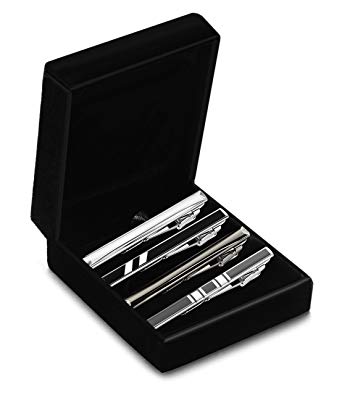 LOLIAS 4-8 Pcs Mens Tie Clip Set Skinny Tie Clip Silver-Tone Black Gray Tie Bar Clip Gift Case Tie Clip