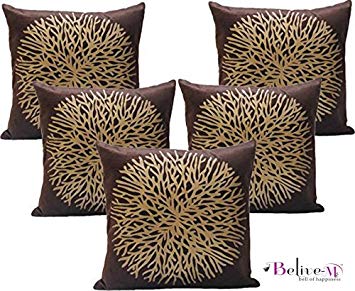 Belive-Me Velvet Printed Brown Cushion Covers 16x16 inches Set of 5
