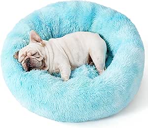 Bedsure Calming Dog Bed for Small Dogs - Donut Washable Small Pet Bed, Round Anti-Slip Fluffy Plush Faux Fur Large Cat Bed, Fits up to 25 lbs Pets, Spun Sugar, 23 inches