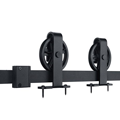 SMARTSTANDARD 6.6ft Sliding Barn Door Hardware (Black) (T Shape Big Industrial Wheel Hanger) (1 x6.6 foot Rail)