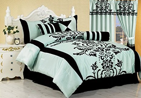 Chezmoi Collection 7-Piece Aqua with Blue and Black Floral Flocking Bed-in-a-Bag Comforter Set, Full/Double